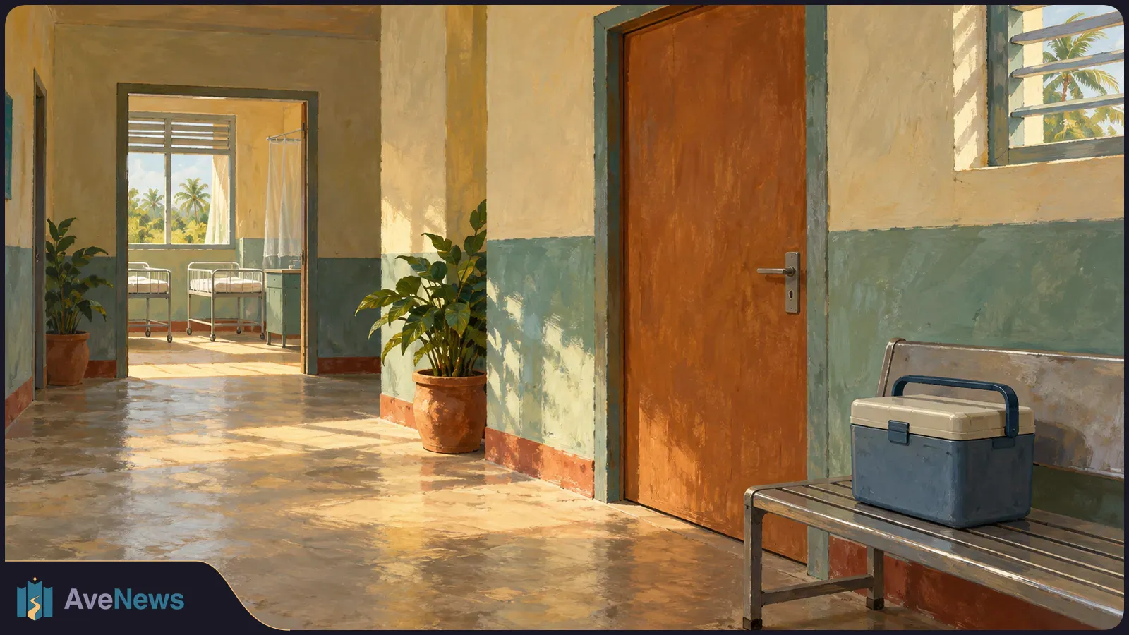 Painted clinic corridor with a closed wooden door, an insulated cooler on a bench, and two empty infant cots visible in the adjoining room. SI illustration