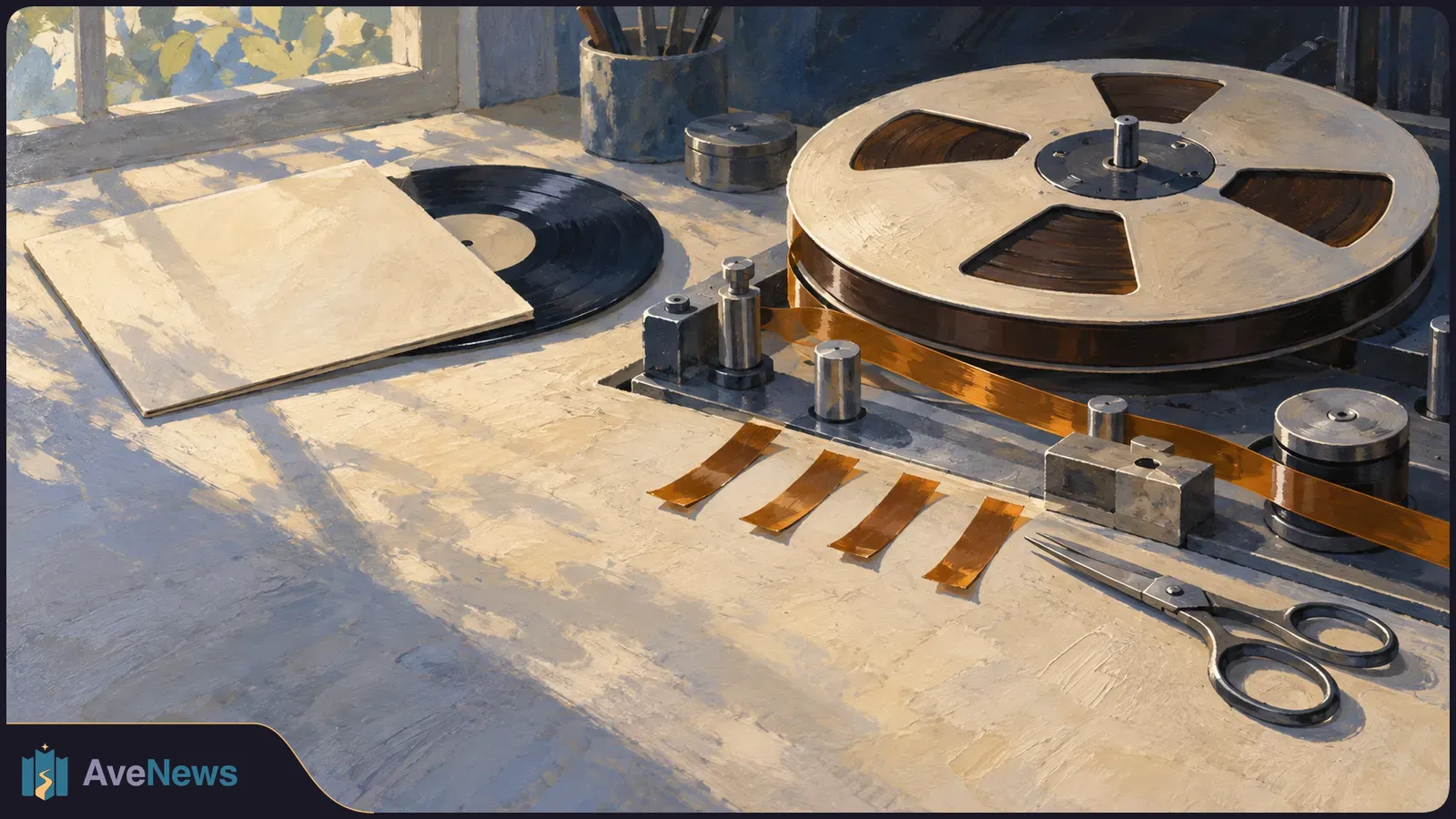 Painterly view of a tape reel on a sunlit worktable, with four loose amber tape strips, a vinyl record, a blank sleeve and scissors. SI illustration