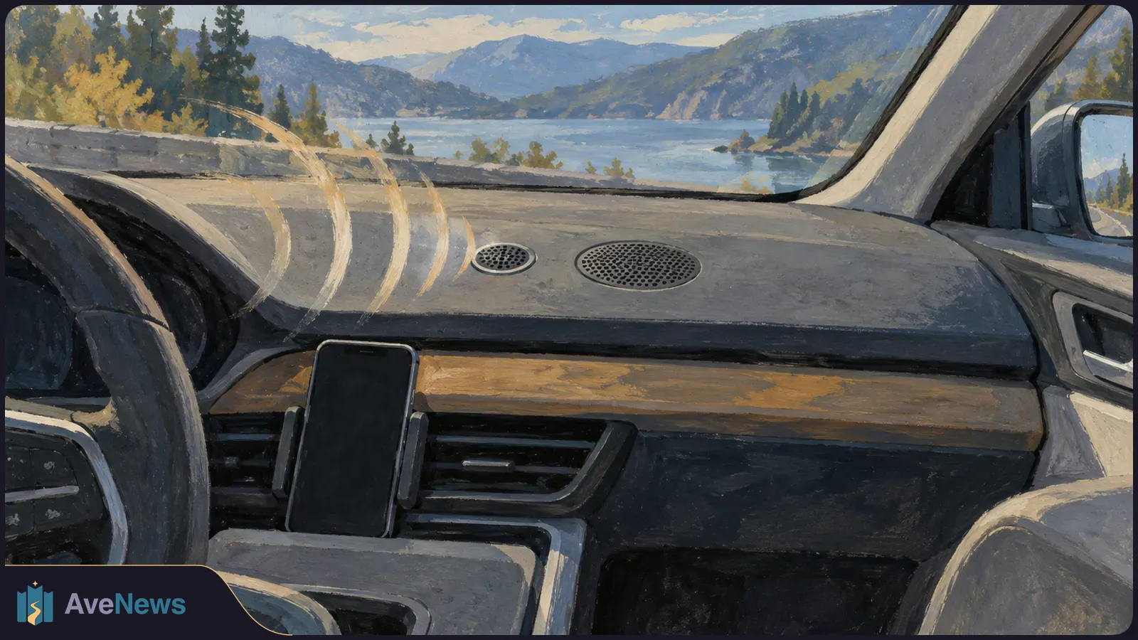 Painted car interior with a blank phone mounted by the dashboard vent and pale sound-wave arcs. A lake and mountains are visible through the windshield. SI illustration