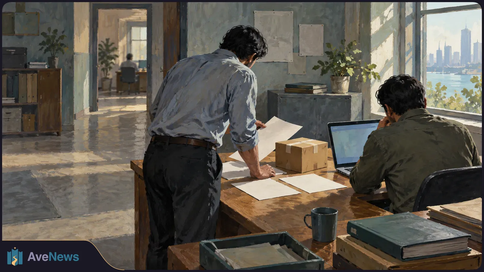 Painterly office scene: two men work at a desk with papers, a laptop and a cardboard box; another person sits in a room beyond. Windows overlook water and a city skyline. SI illustration