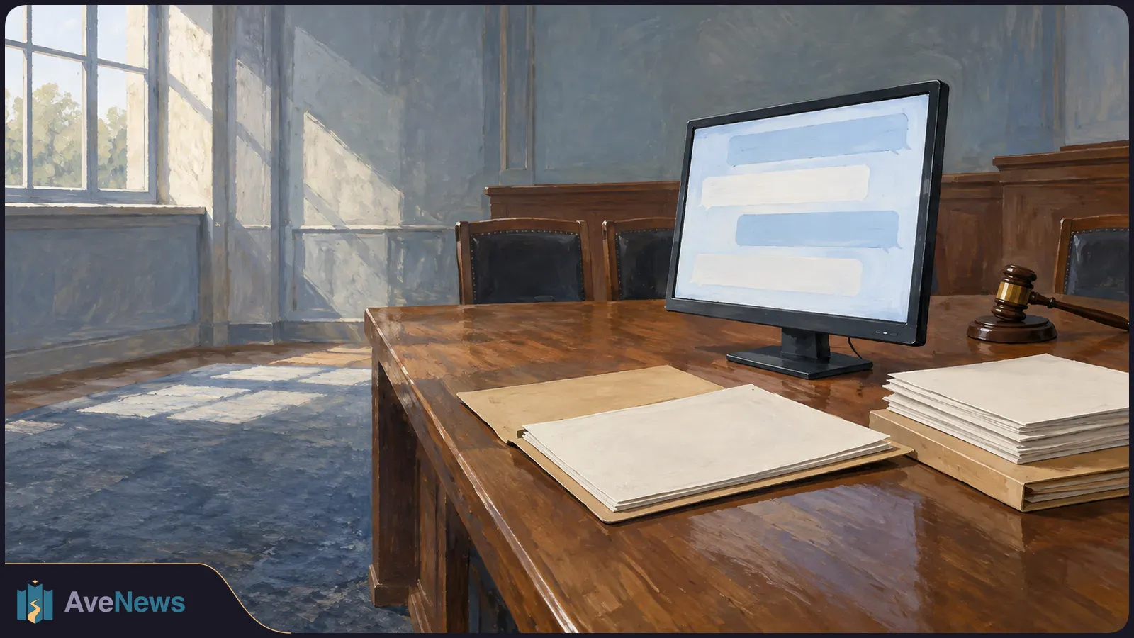 Painterly illustration of an empty, sunlit courtroom-like room. A desk holds a monitor with blank chat bubbles, stacks of blank paper and a gavel. SI illustration