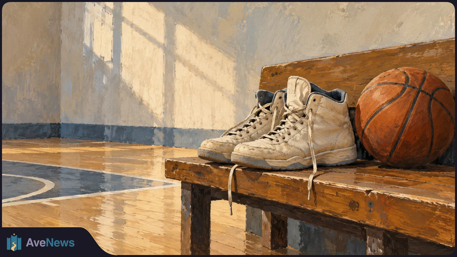 A pair of worn white basketball shoes and an orange basketball rest on a wooden bench beside an empty indoor court, lit by a large window. SI illustration