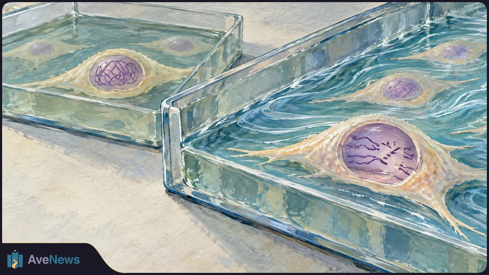 Watercolor illustration of yellow cells with purple nuclei in two clear channels of blue-green liquid. One nucleus contains tangled lines; another has separated lines and dots. SI illustration