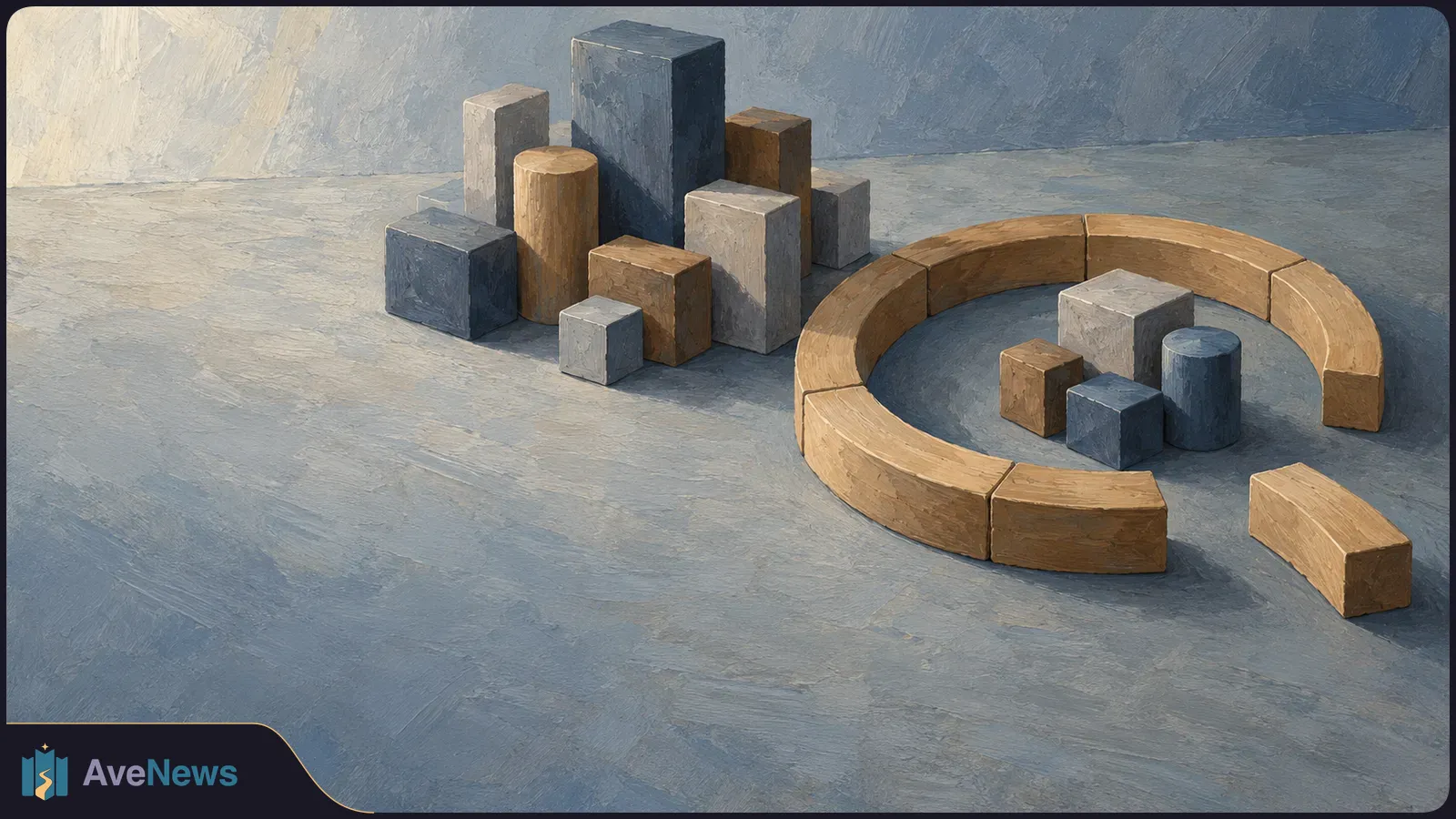 Painted illustration of blue, gray and brown blocks beside a curved arrangement of wooden segments, with a separate segment nearby. SI illustration