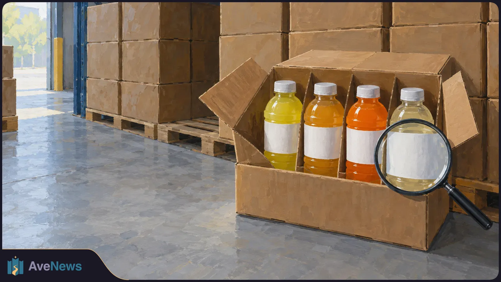 Four bottles of brightly colored drinks with blank labels sit in an open cardboard case in a warehouse. A magnifying glass rests in front of them, with stacked boxes behind. SI illustration