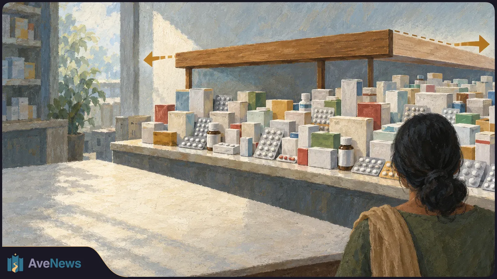 Illustration of a person seen from behind at a pharmacy counter crowded with medicine boxes, bottles and blister packs. Dashed arrows point outward above the shelves. SI illustration