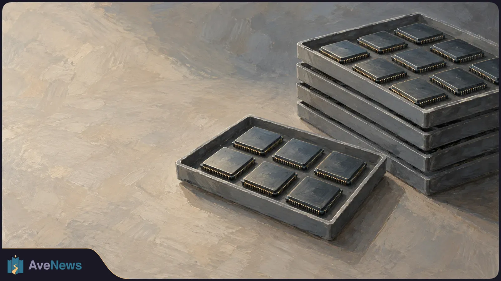 Painterly illustration of dark microchips arranged in a shallow tray, with more chip-filled trays stacked behind it. SI illustration