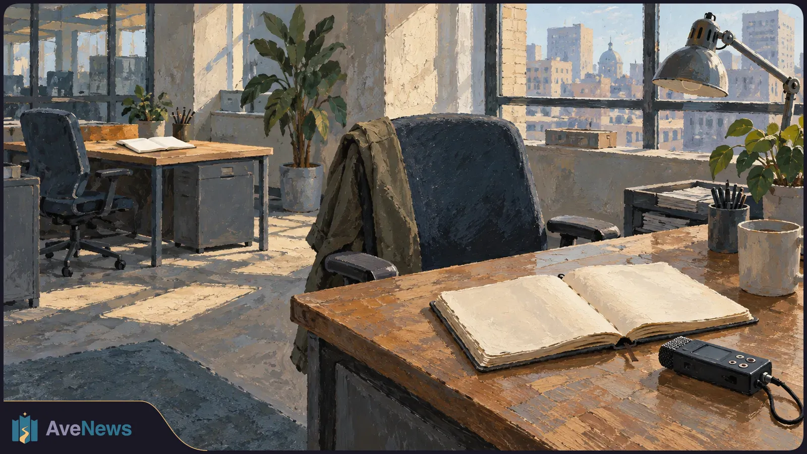 Painterly sunlit office with empty desks, open blank notebooks, a handheld recorder, chairs, plants and city buildings beyond the windows. SI illustration
