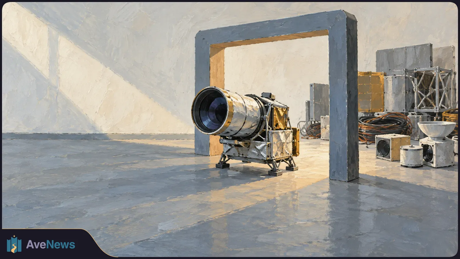 Painted illustration of a large cylindrical optical instrument on a stand beneath a rectangular frame, with equipment cases and coiled cables to the right. SI illustration