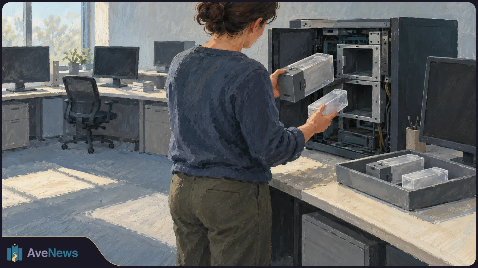 Illustration of a woman holding two rectangular modules beside an open equipment cabinet in an office with blank computer screens. SI illustration