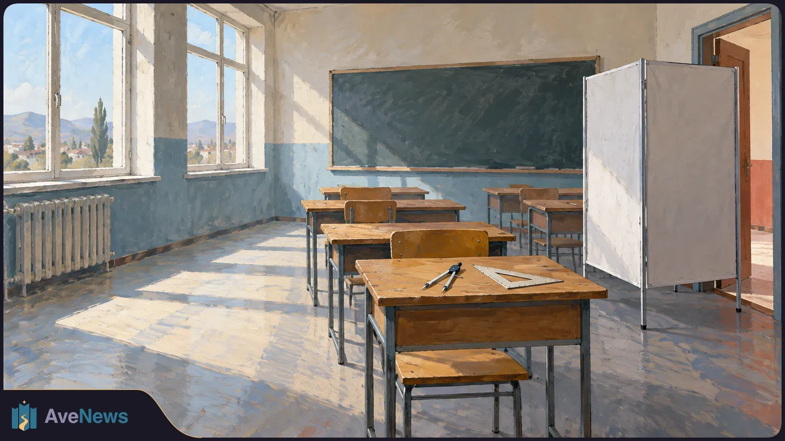 A painted, sunlit empty classroom with wooden desks, a blank chalkboard, a white privacy screen, and a compass and set square on the front desk. SI illustration