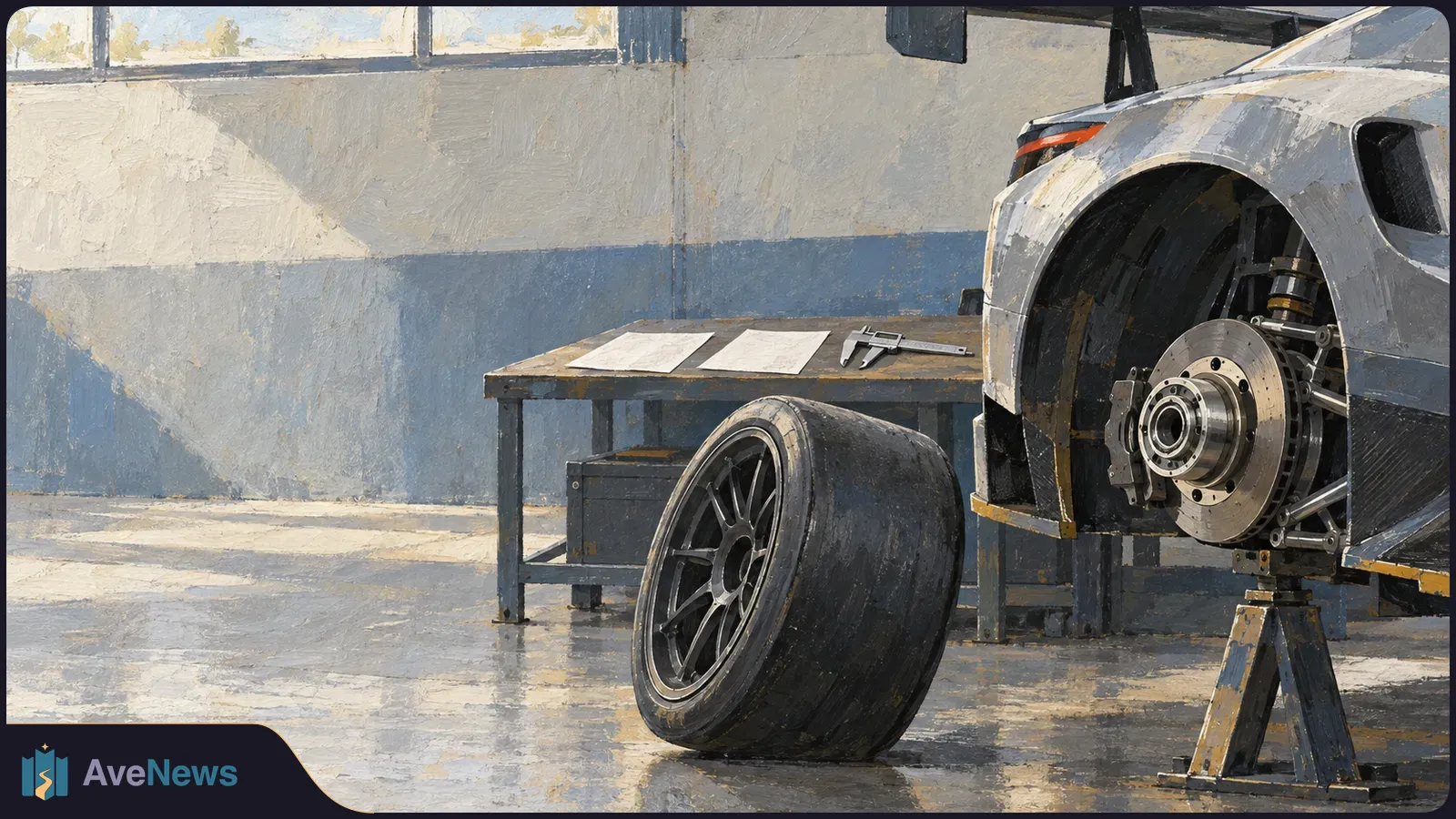 Painterly illustration of a race car raised on a stand in a garage, with one wheel removed and resting beside its exposed brake assembly. SI illustration
