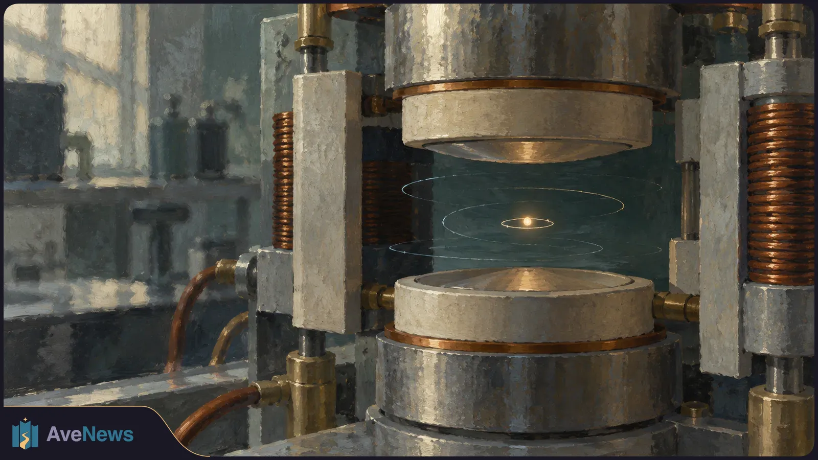 Painted close-up of a metal laboratory apparatus with two circular plates, copper coils and a glowing point surrounded by thin rings between the plates. SI illustration