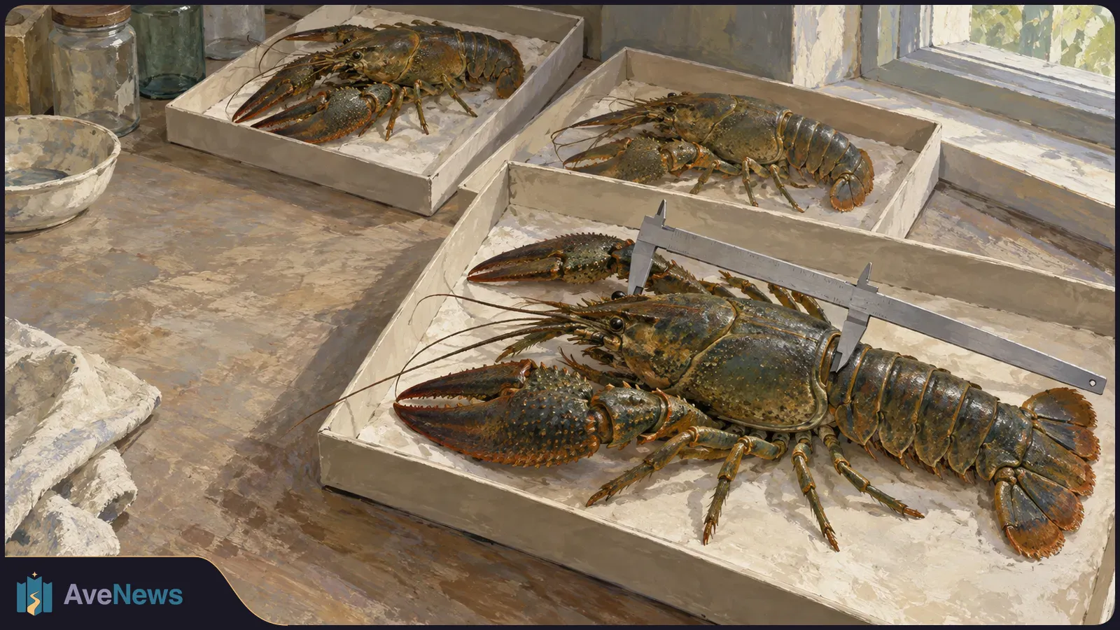 Three crayfish lie in shallow trays on a worktable, with a caliper placed across the large one in front. SI illustration