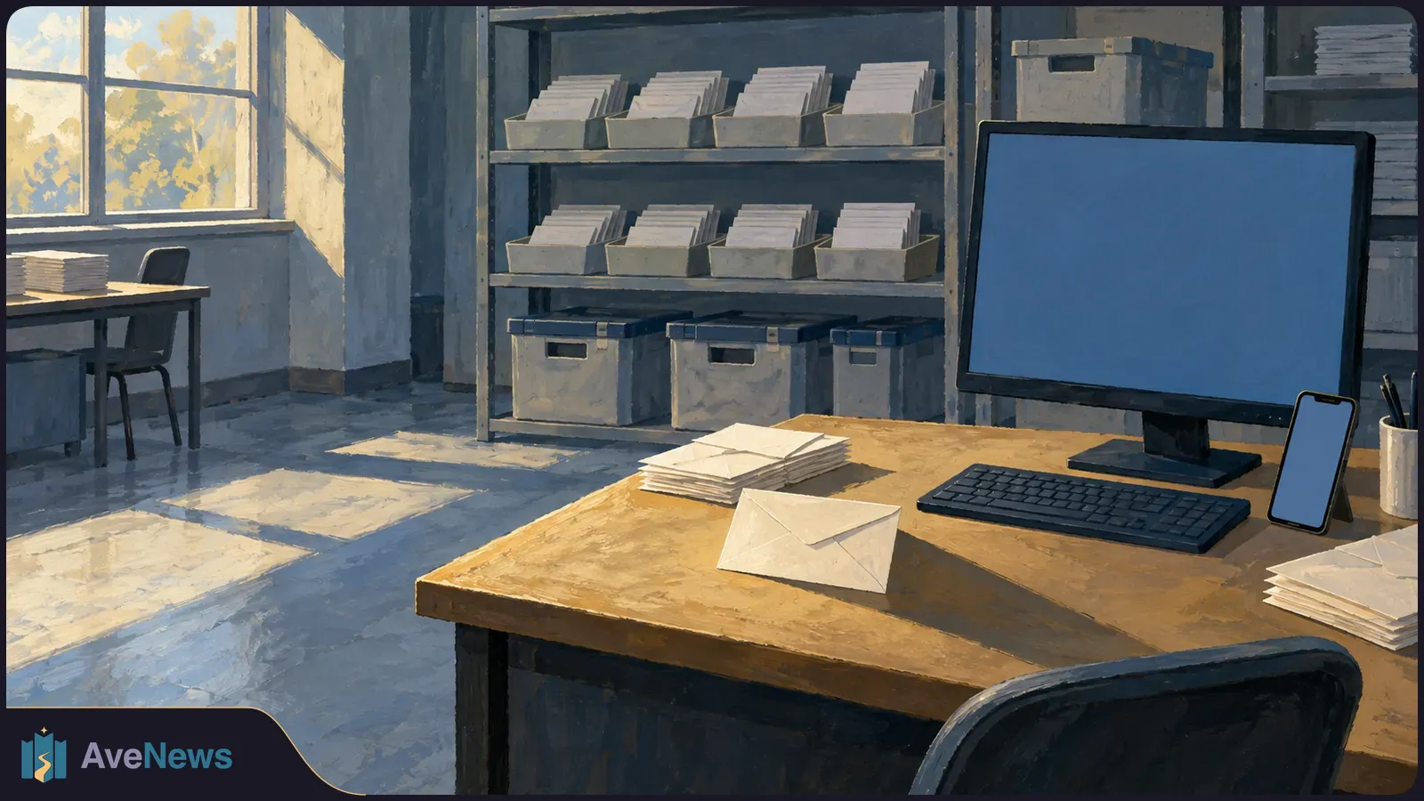 Illustrated office with envelopes on a desk, mail trays and storage boxes on shelves, and a computer monitor and phone with blank blue screens. SI illustration