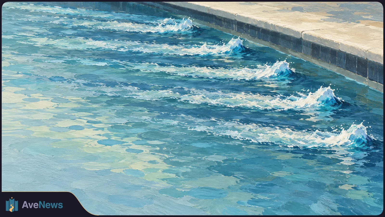 Painterly view of blue pool water with several parallel foamy wakes beside a tiled edge. SI illustration