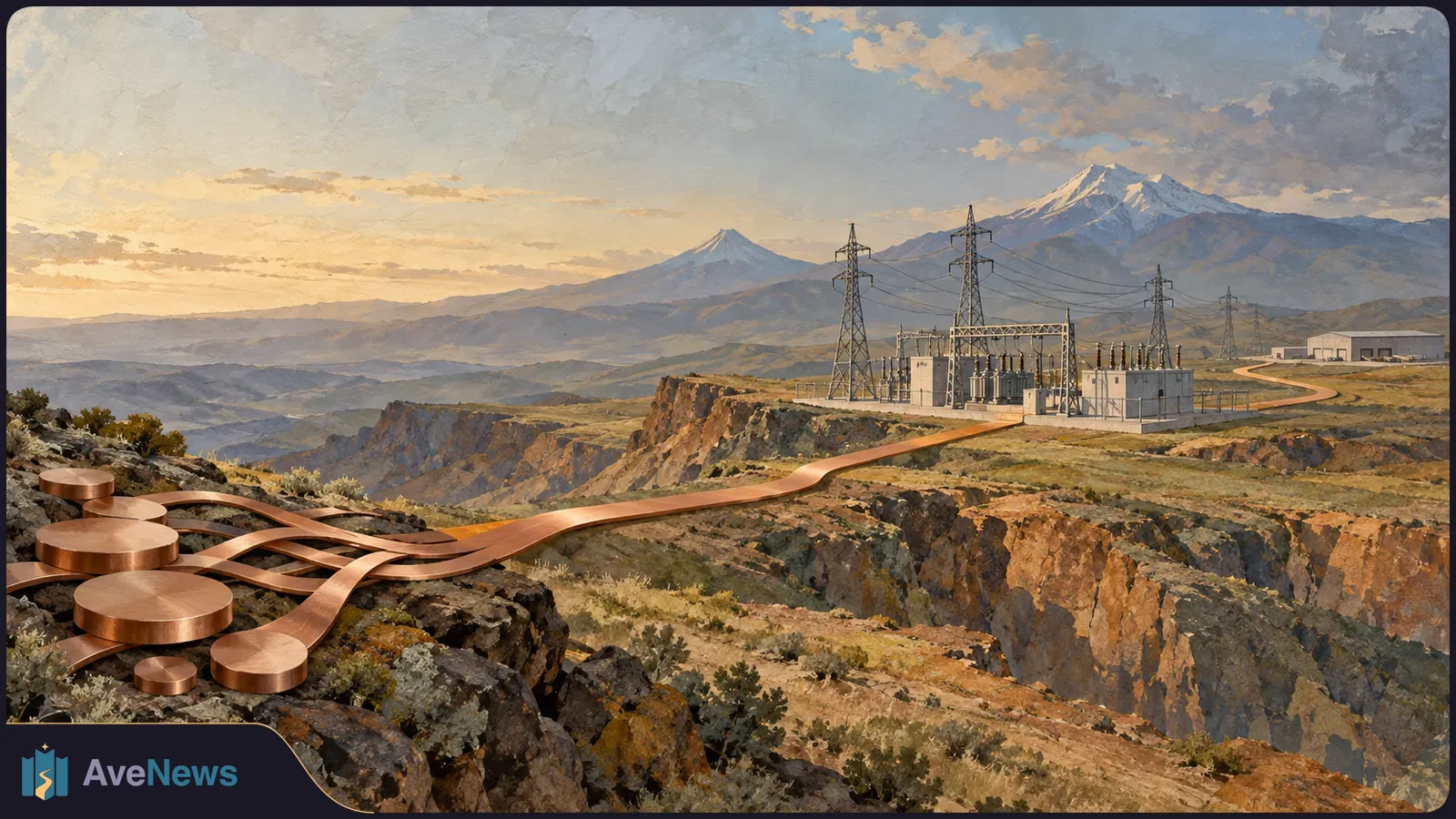 Copper coin-like discs and ribbons stretch across a rocky valley toward an electrical substation, with pylons and snow-capped mountains beyond. SI illustration