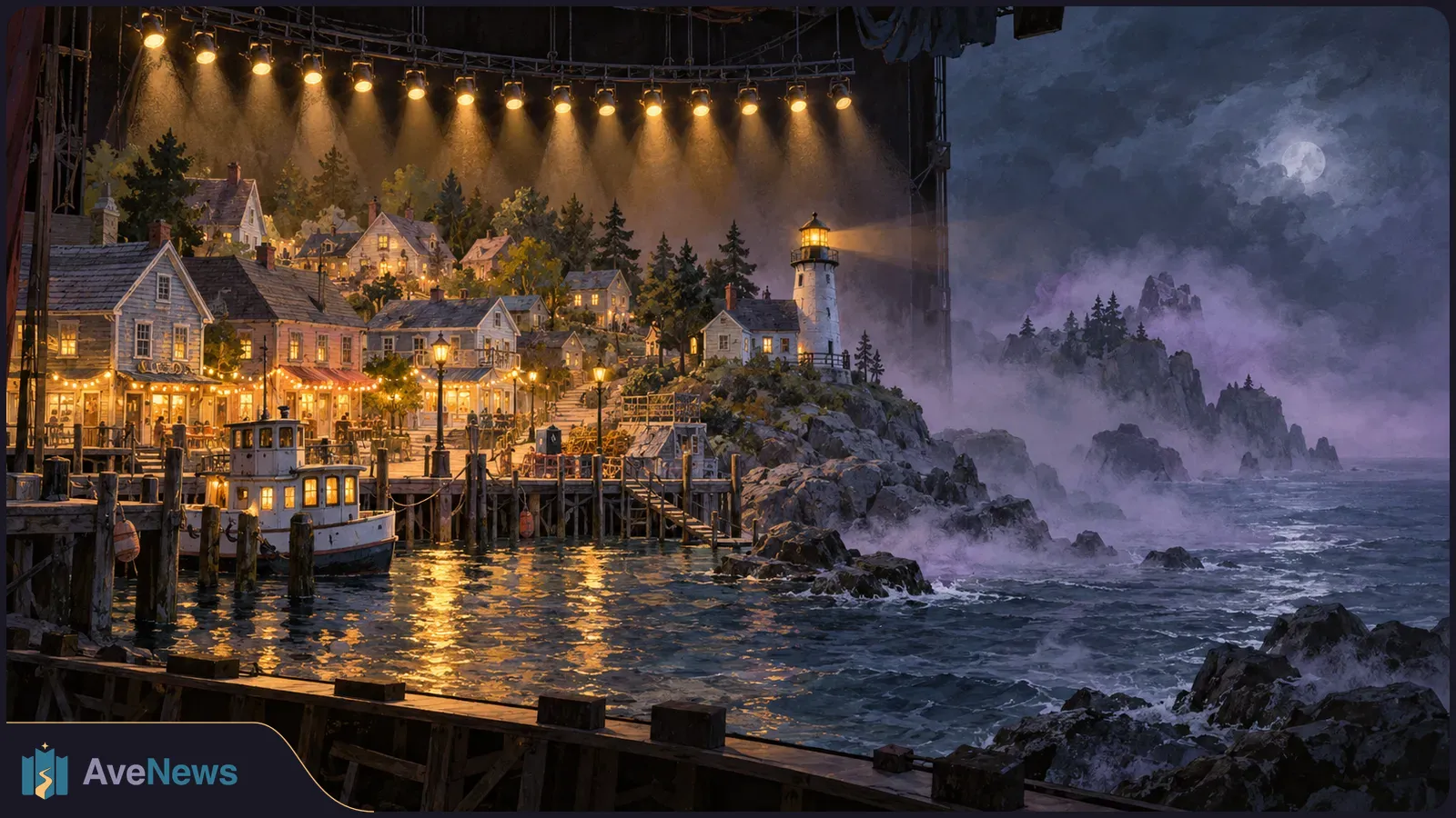 Illustrated nighttime harbor town beneath stage lights, with glowing houses, a docked boat and lighthouse beside a misty, rocky sea. SI illustration