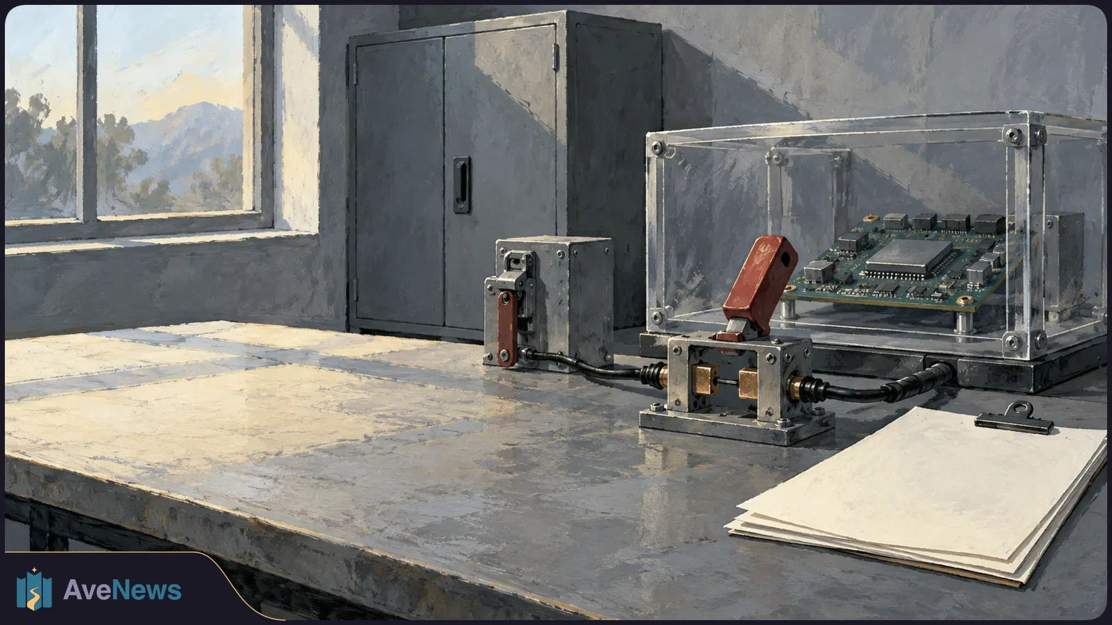 An illustrated workbench holds two wired lever switches beside a circuit board in a clear case, with a blank clipboard in the foreground and a window behind. SI illustration