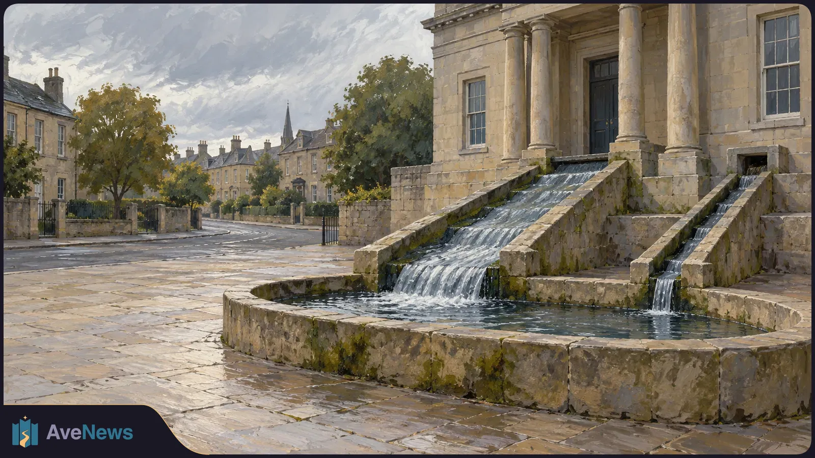 A painted town square where water cascades down two stone channels from a columned building into a basin. Houses and trees line the street. SI illustration