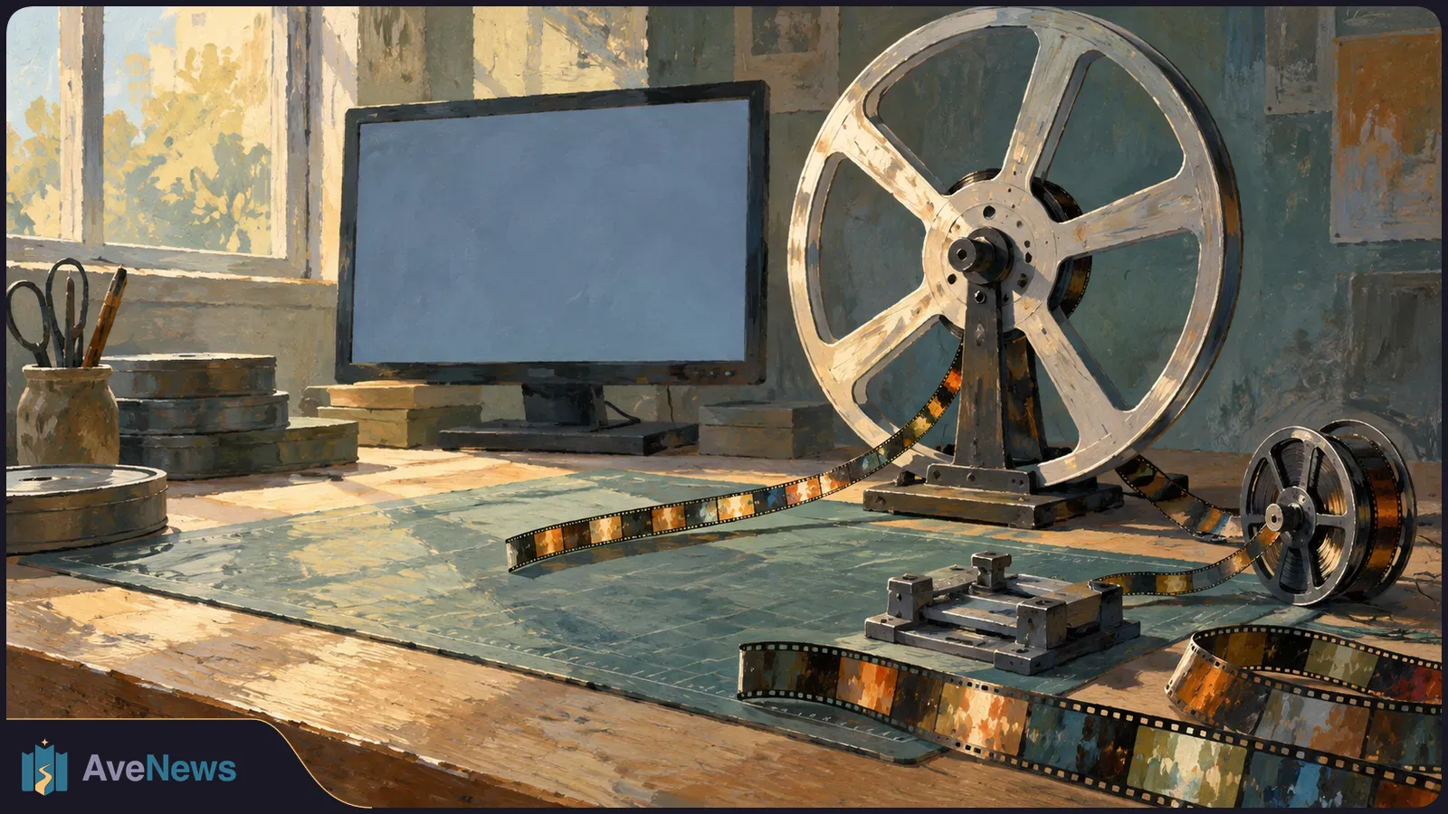 Painted scene of a large film reel linked by a strip of film to a smaller reel on a worktable, beside a blank monitor and stacked film canisters. SI illustration