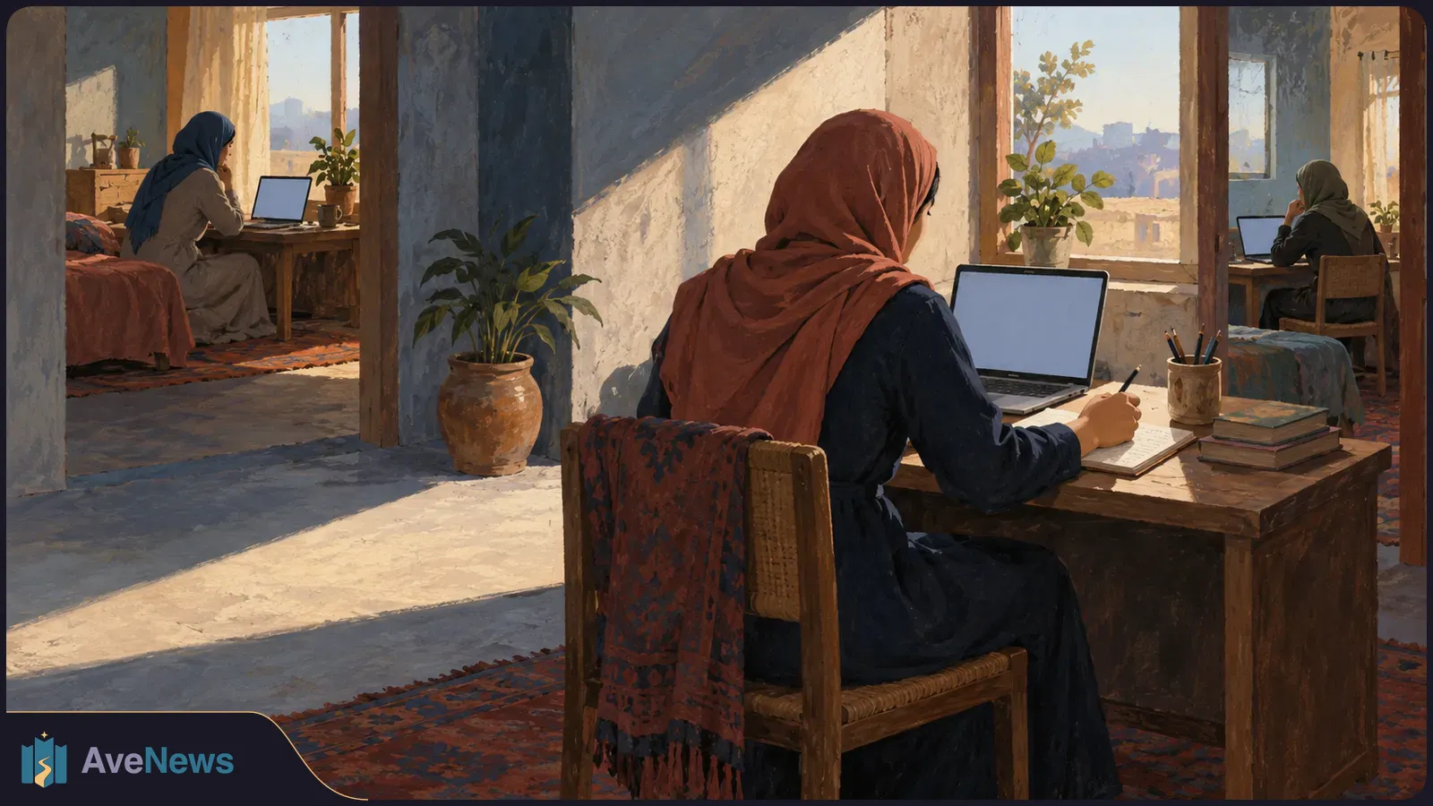 Illustration of three women in headscarves working at laptops in sunlit adjoining rooms; the woman in the foreground writes in a notebook beside her laptop. SI illustration