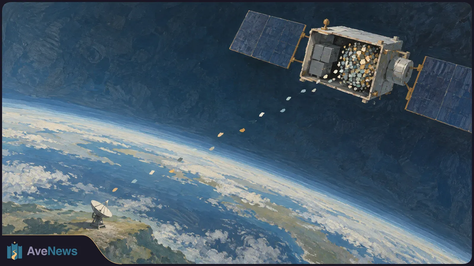 Painted satellite above Earth with an open compartment of colored fragments; a trail of fragments leads toward a ground dish. SI illustration