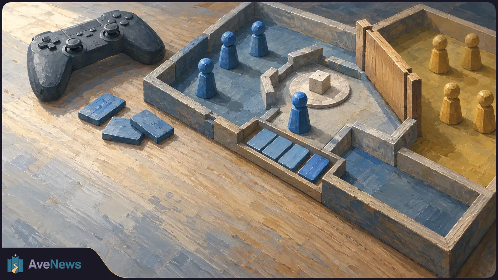 Painterly illustration of a game controller beside a divided tabletop arena with blue and yellow pawns and blue rectangular tiles. SI illustration
