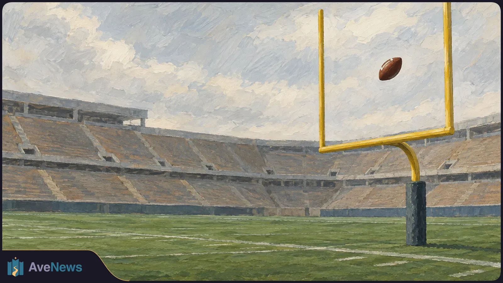 Painted view of an empty football stadium, with a yellow goalpost and a football in the air above the field. SI illustration