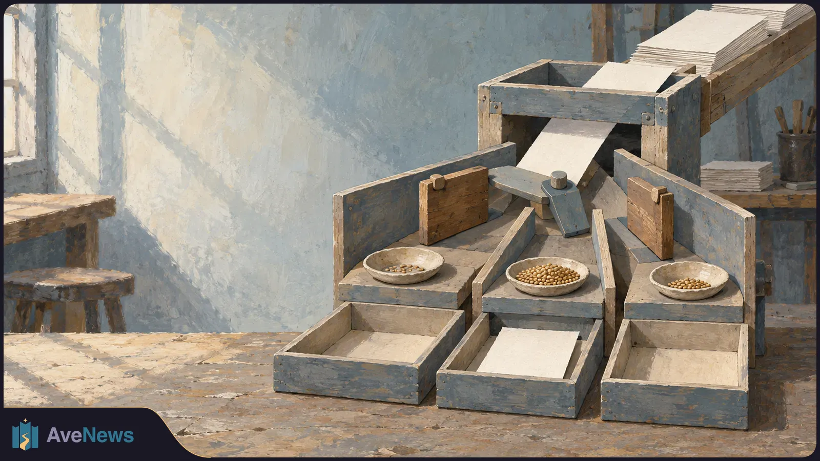 Painted wooden sorting device with blank sheets and three output trays. Shallow bowls holding different amounts of tan beads sit above the trays. SI illustration