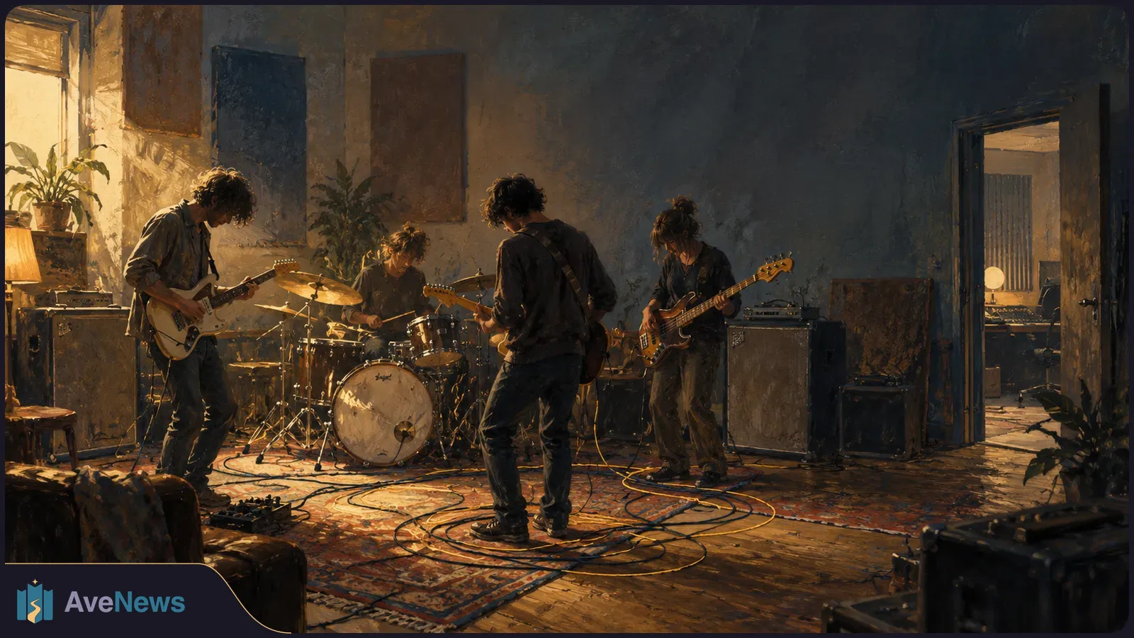 Painterly scene of four musicians playing guitars, bass and drums in a sunlit rehearsal room, with amplifiers and cables across the floor. SI illustration