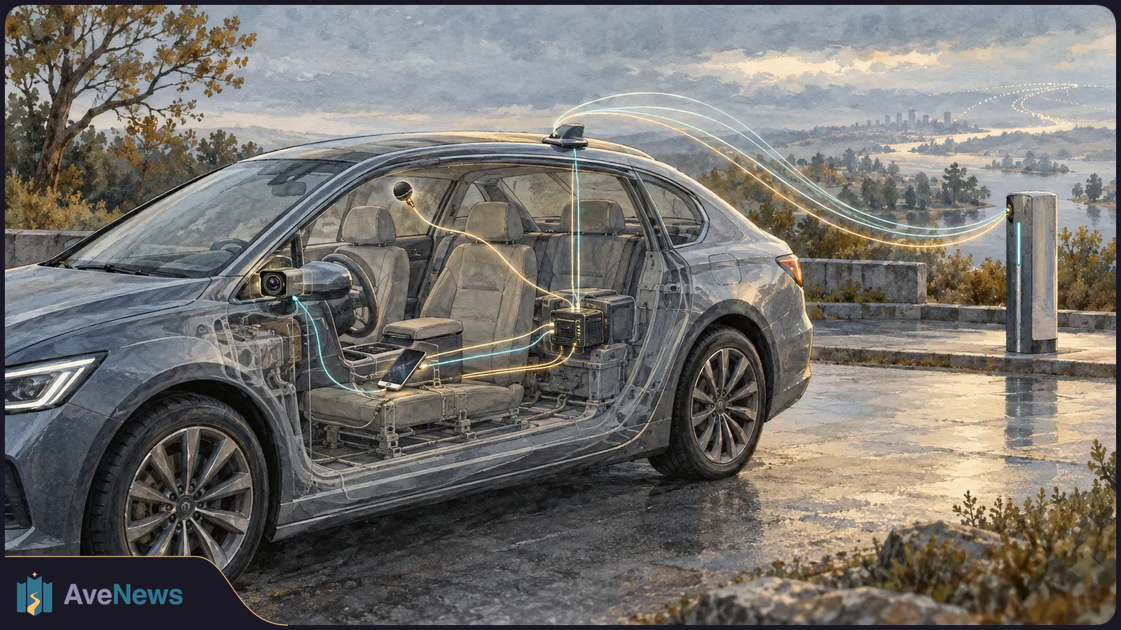 Illustration of a gray car with a transparent side revealing its seats and electronics. Glowing lines link interior devices to a roadside charging station. SI illustration