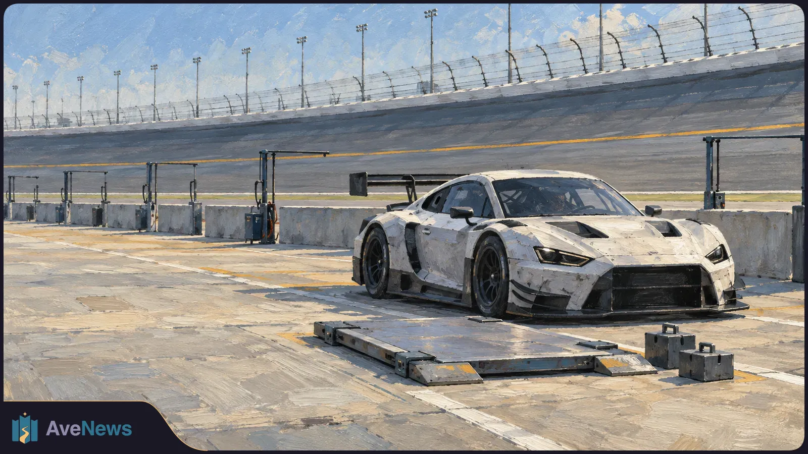 A white racing car with a large rear wing sits beside concrete barriers at a track, with a steeply banked oval and safety fence behind it. SI illustration