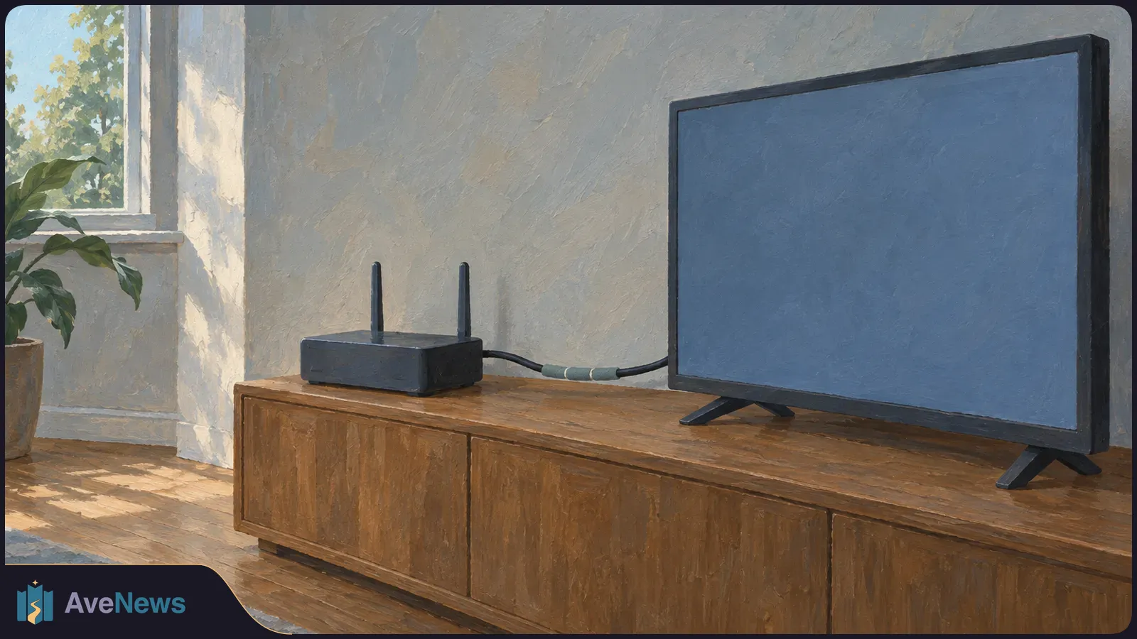 Painted living room scene with a blank blue TV beside a two-antenna router on a wooden cabinet, connected by a cable. SI illustration