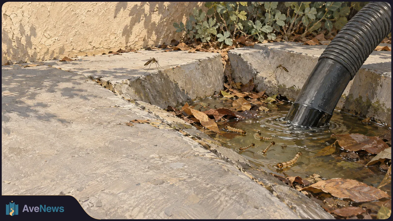 A black drainpipe meets a shallow roadside pool with fallen leaves and mosquito larvae. Two adult mosquitoes hover near the concrete edge. SI illustration