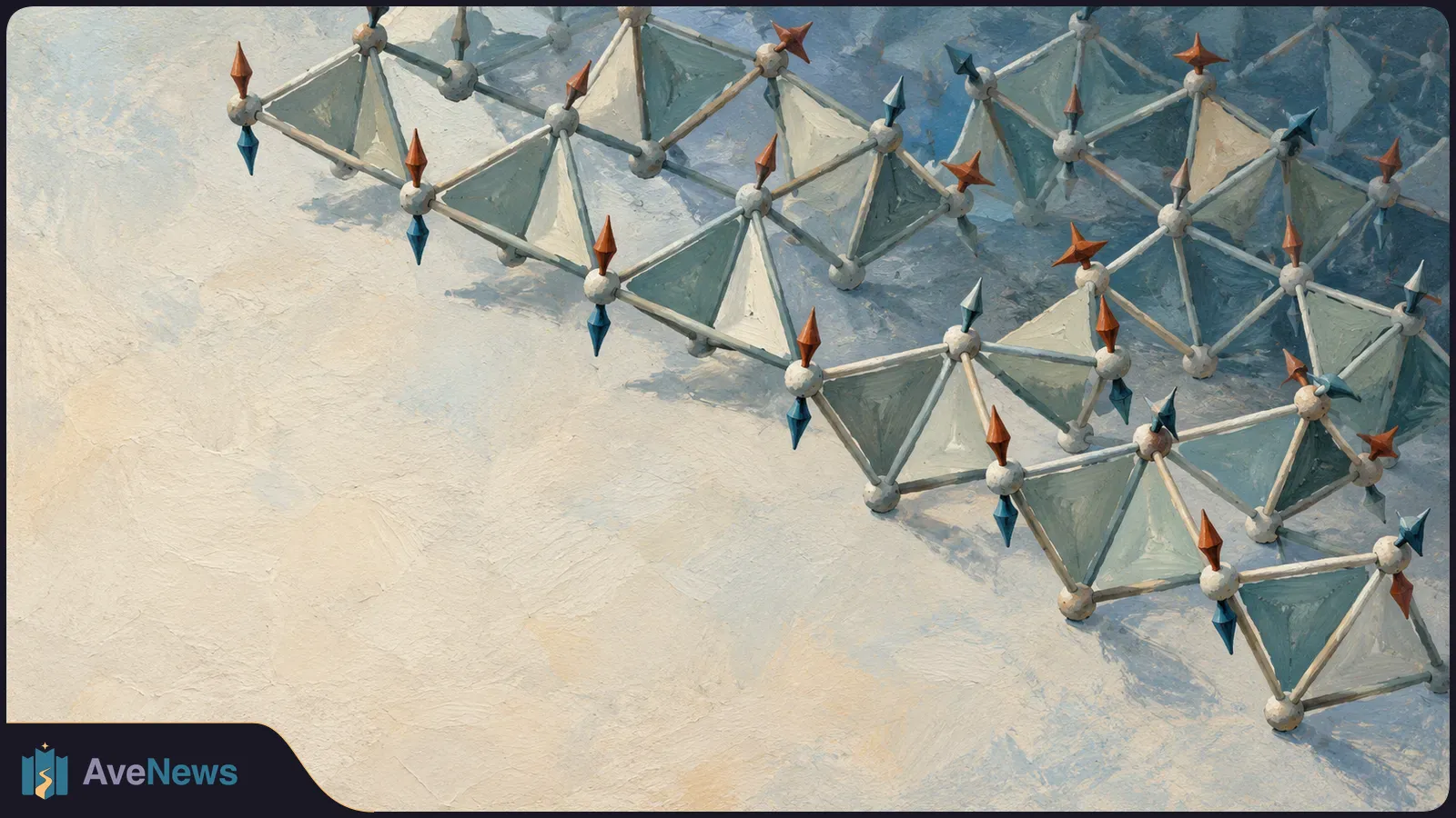 A painted lattice of linked tetrahedra with red and blue arrows at its joints stretches diagonally across a pale textured background. SI illustration