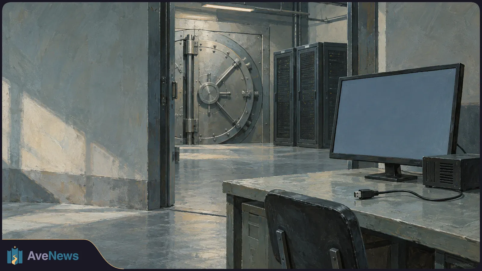 Painterly illustration of an empty room with a heavy vault door, server racks, and a blank monitor beside an unplugged cable on a desk. SI illustration