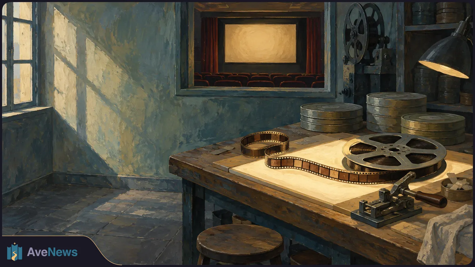 A painted film room with reels and a strip of film on a worktable, overlooking an empty cinema and blank screen. SI illustration