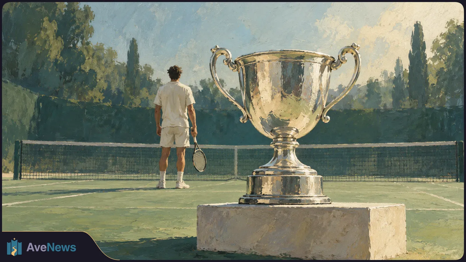 Painterly illustration of a large silver trophy in the foreground of a tennis court, with a player in white holding a racket by the net. SI illustration