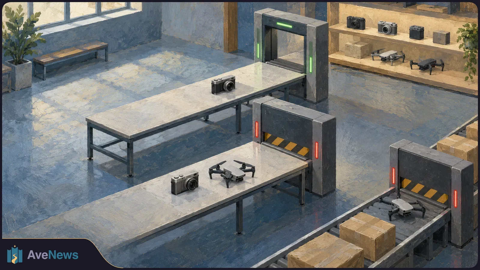 Painted illustration of a camera beside a green-lit inspection gate, while another camera and drones sit before red-lit gates. Boxes are on a conveyor nearby. SI illustration