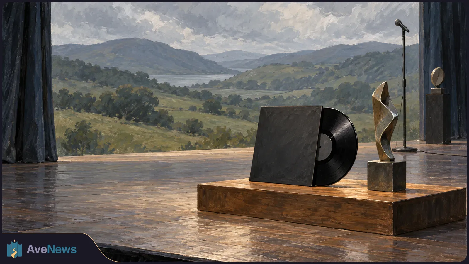 A painted stage holds a blank record sleeve, a vinyl record and two abstract sculptures, with green hills and a lake beyond the curtains. SI illustration