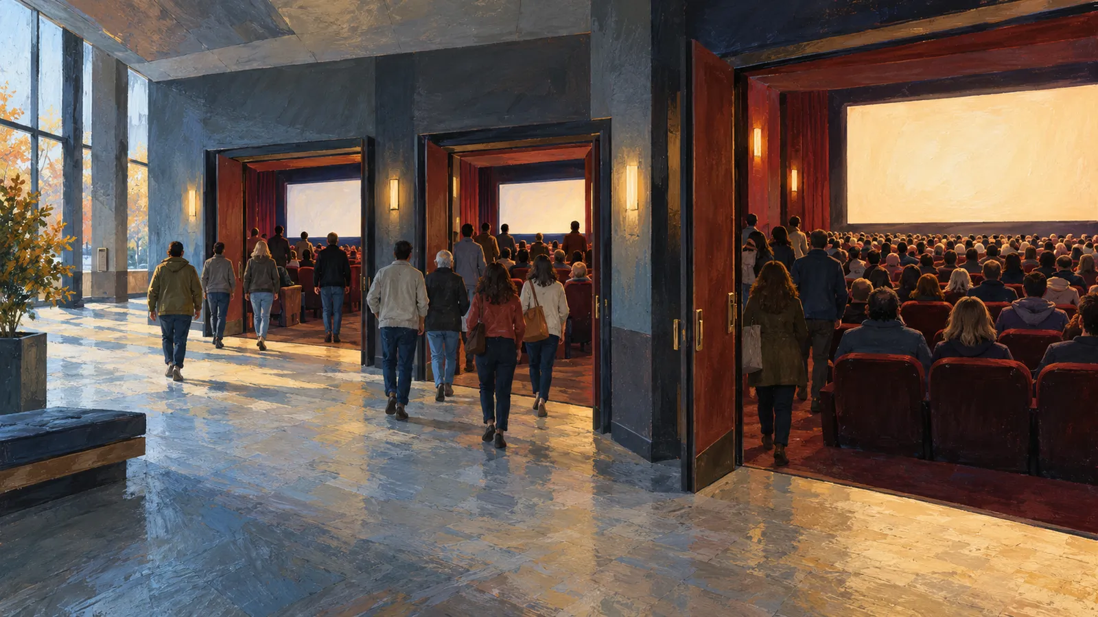 A painted cinema lobby with people entering three auditoriums, where audiences sit facing bright, blank screens. SI illustration