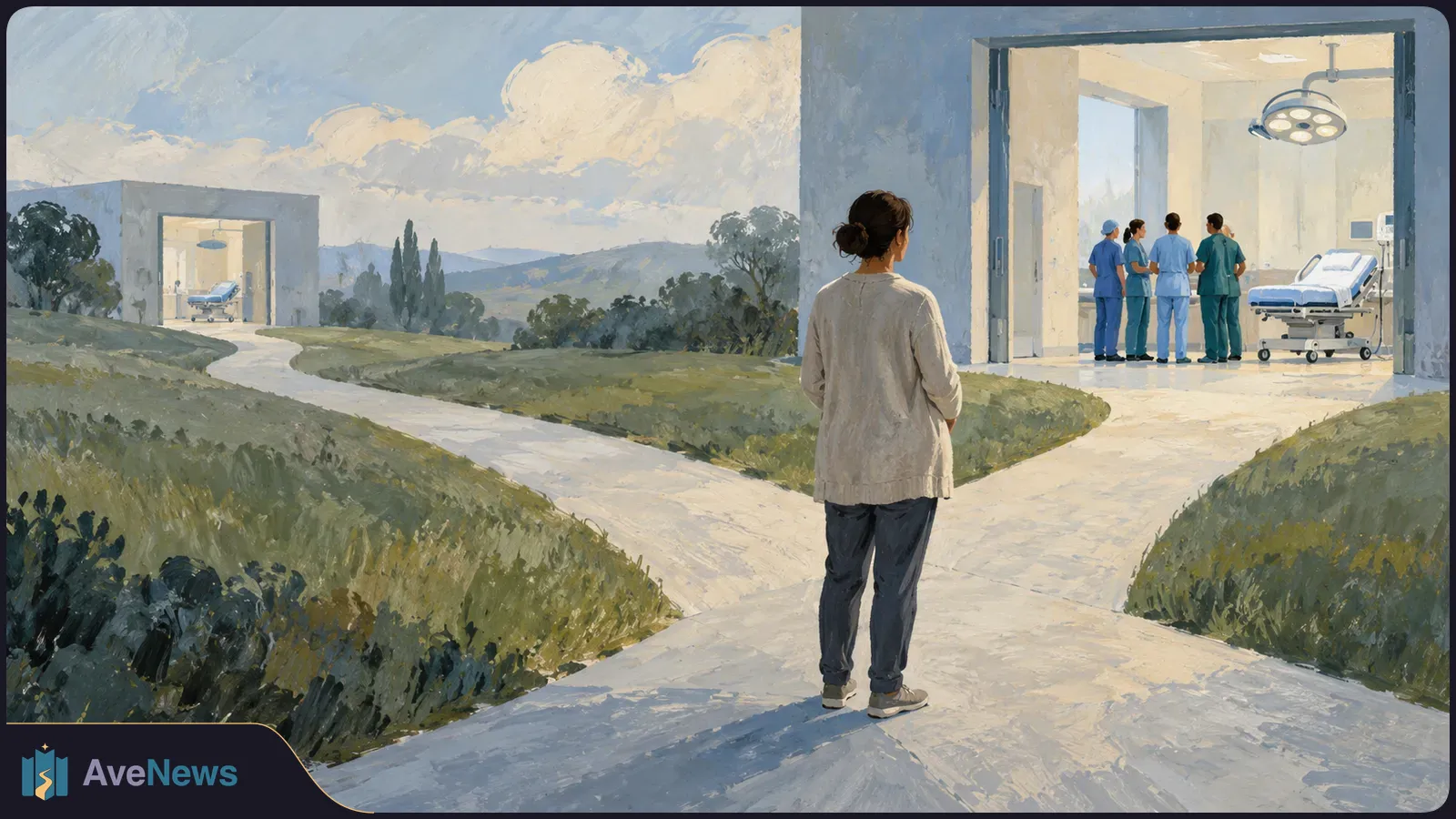 Painted illustration of a woman standing at a fork in a path between two hospital rooms. Four medical staff and a bed are visible in the room on the right; another bed is visible on the left. SI illustration