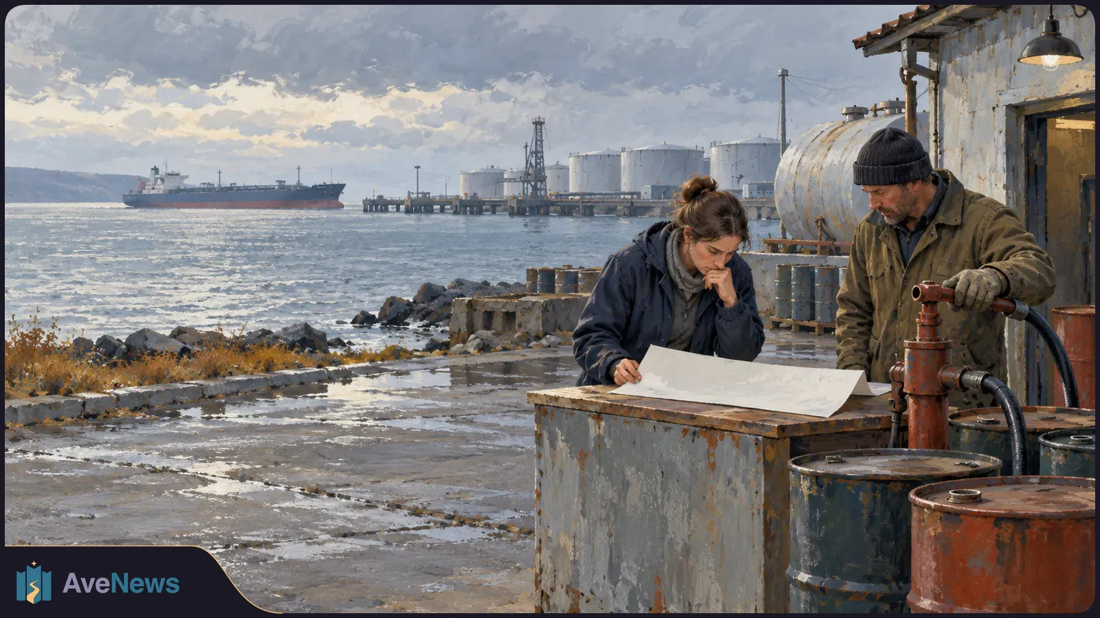 Two people examine a large sheet on a dock beside oil drums and a fuel pipe; a tanker and storage tanks sit across the water under cloudy skies. SI illustration