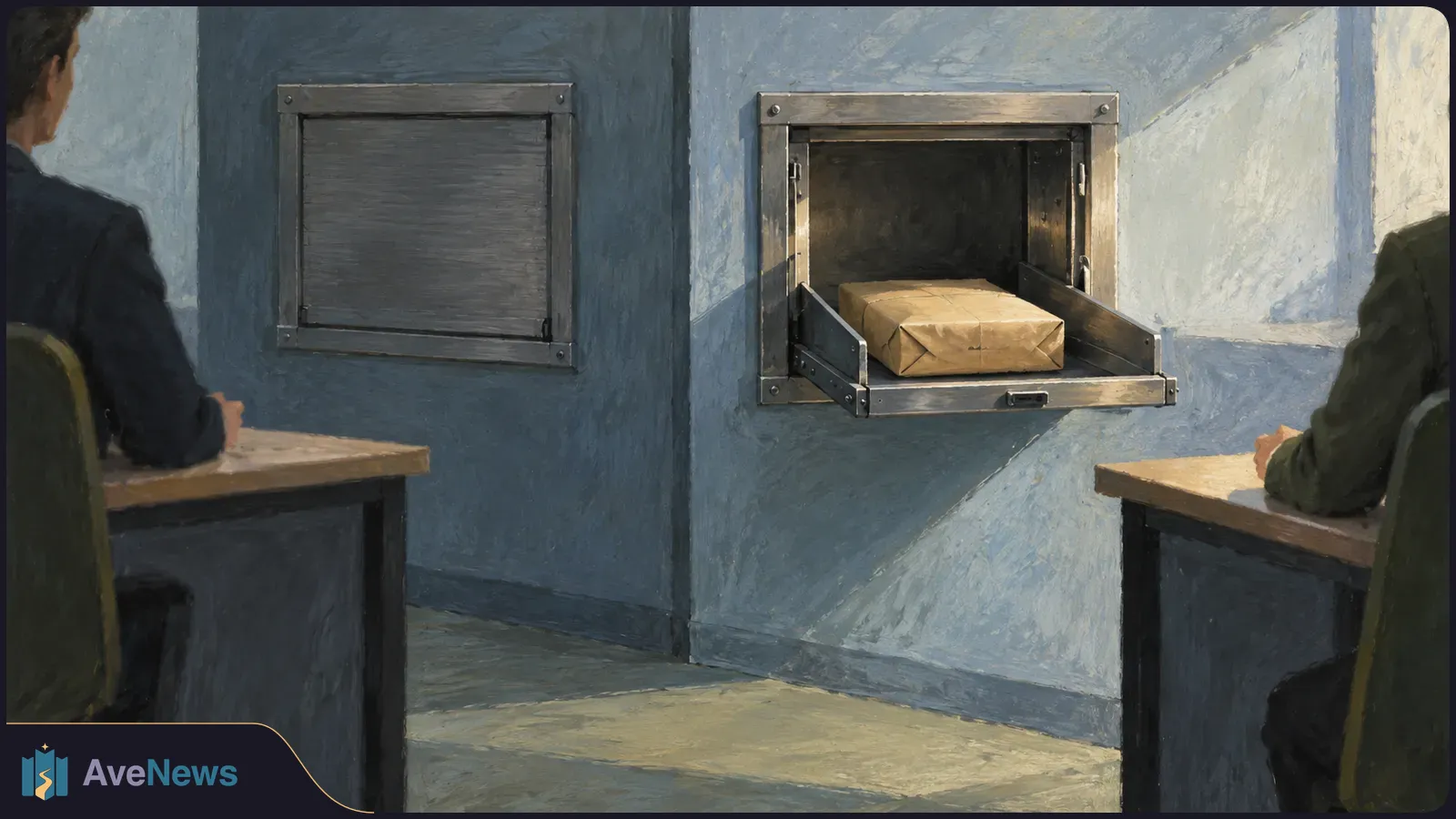 Illustration of two people seated at separate desks, facing a wall with a closed hatch and an open metal hatch holding a wrapped parcel. SI illustration