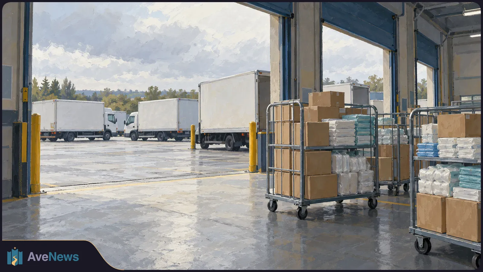 Painterly warehouse loading bay with carts stacked with boxes and wrapped supplies in the foreground and white delivery trucks outside. SI illustration