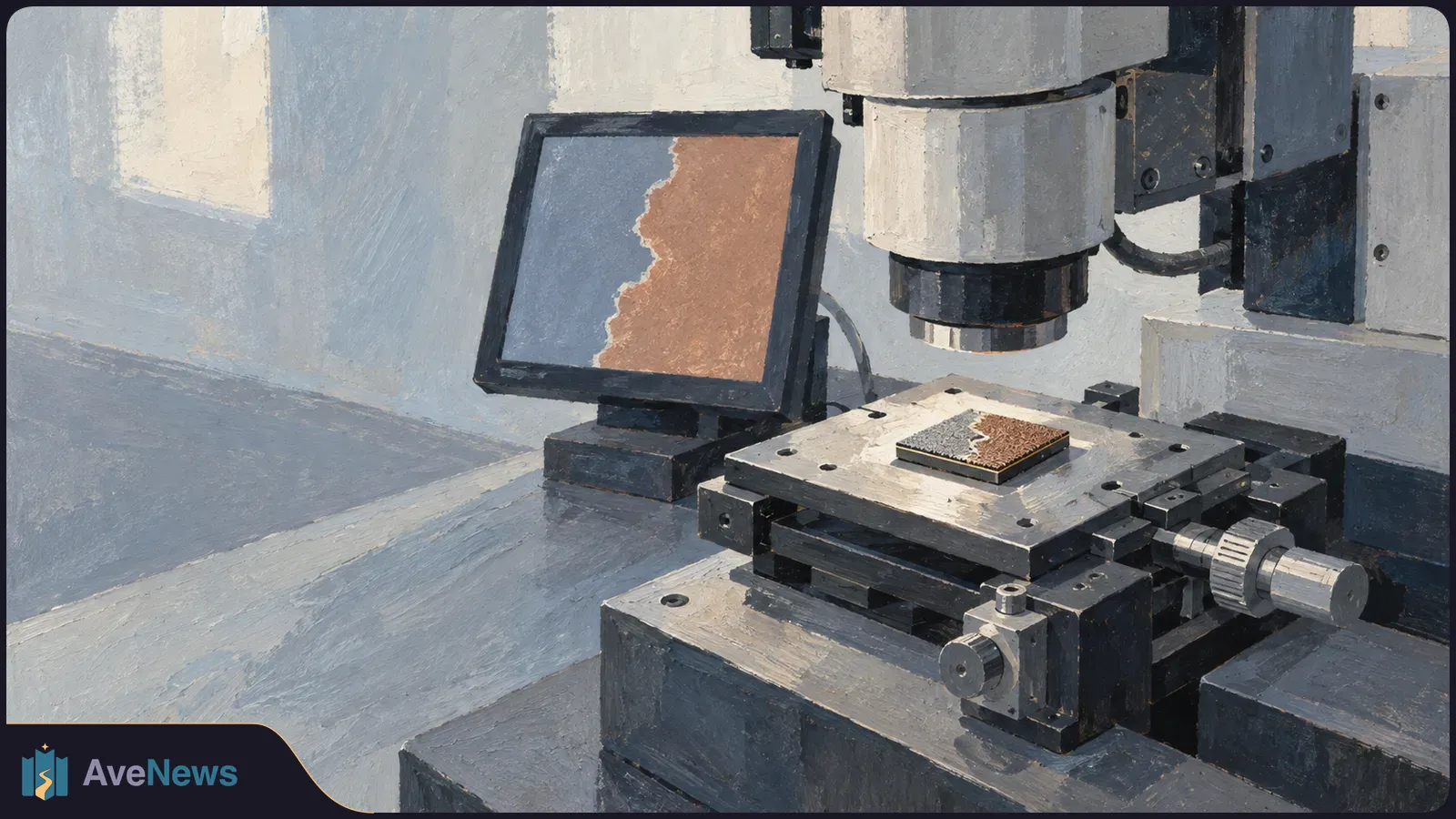 Painted illustration of a microscope above a small chip on a metal stage; an adjacent screen shows an enlarged boundary between two colors. SI illustration