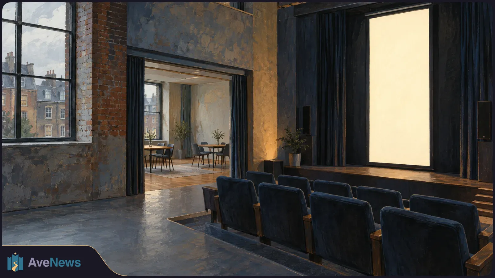 Painted screening room with rows of dark seats facing a tall blank screen; tables and chairs sit in an adjoining space. SI illustration