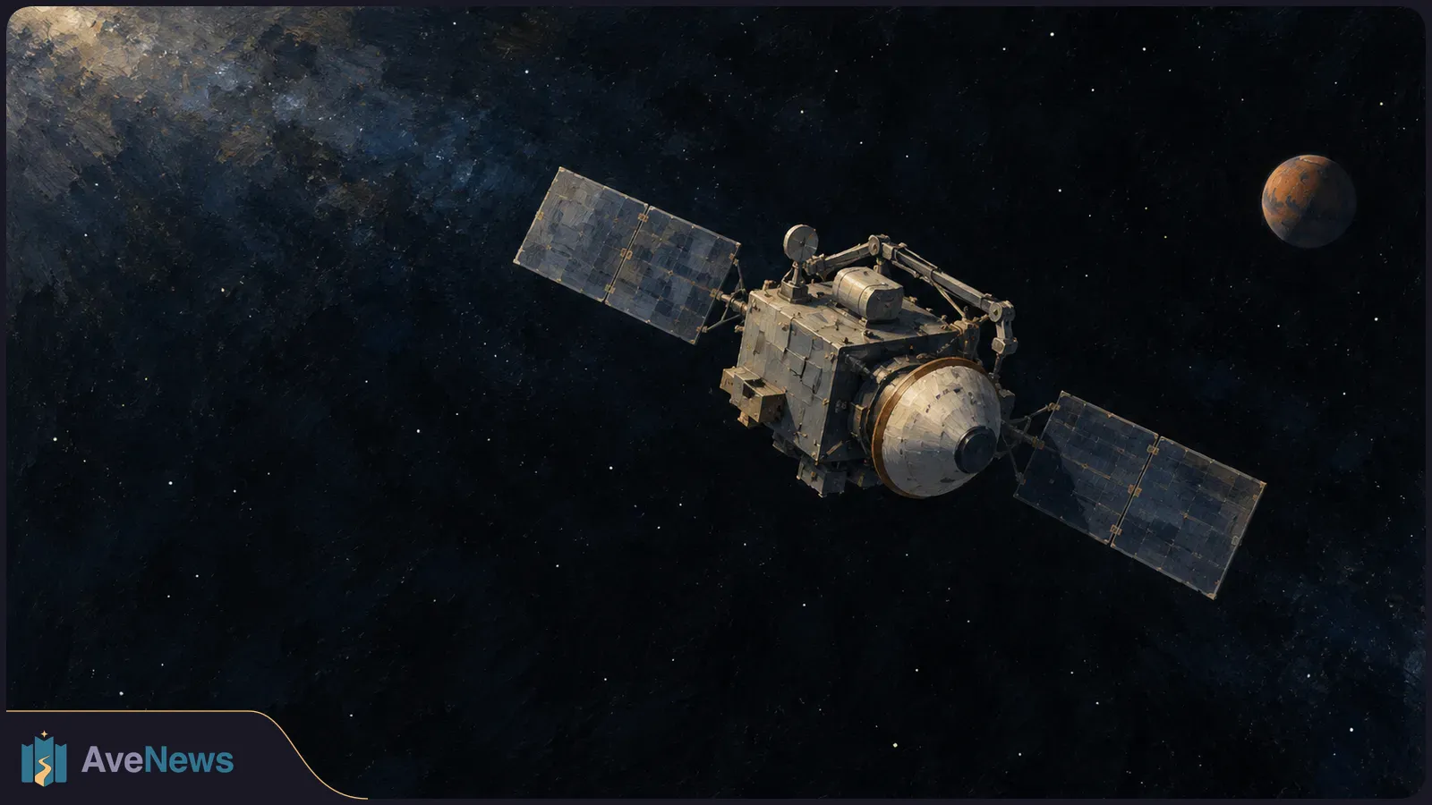 Illustration of a spacecraft with two solar panels against a starry sky, with a small rust-colored planet in the distance. SI illustration