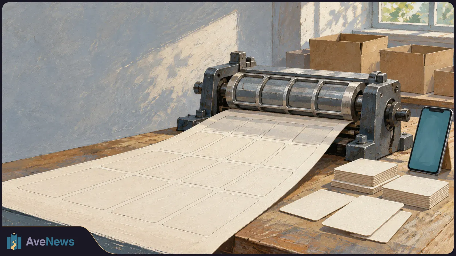 A painted scene of a roller press feeding a sheet of blank rectangular cards across a wooden workbench, with card stacks, cardboard boxes and a phone with a blank blue screen nearby. SI illustration